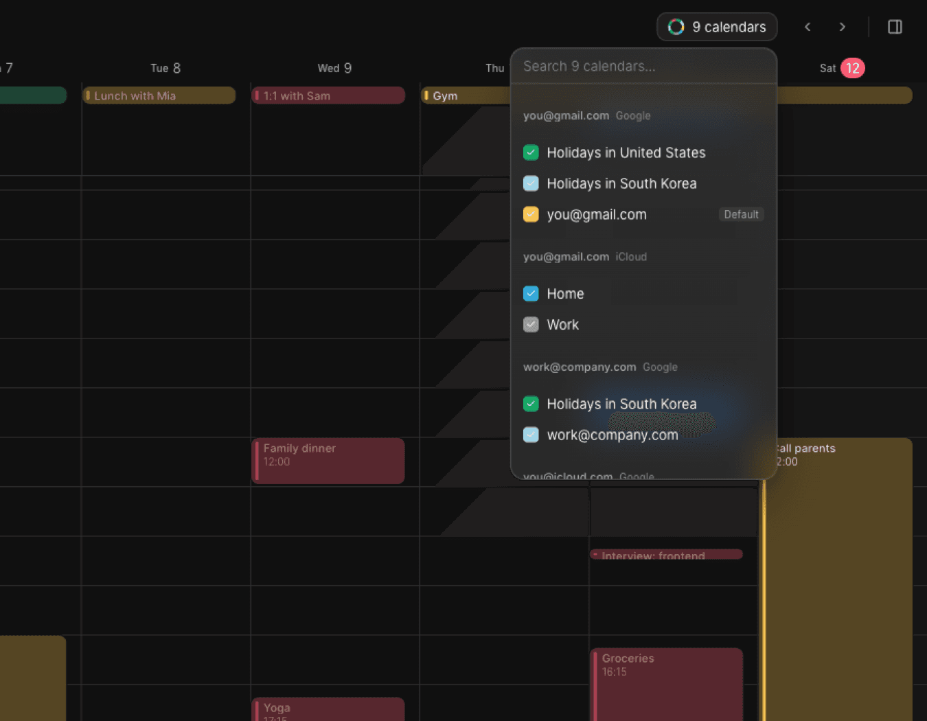 Elenna's calendar list: nine calendars grouped under three connected accounts, each with a colour and a checkbox