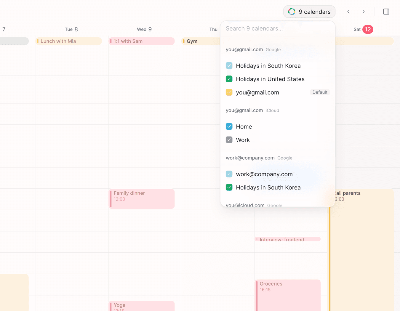 Elenna's calendar list: nine calendars grouped under three connected accounts, each with a colour and a checkbox