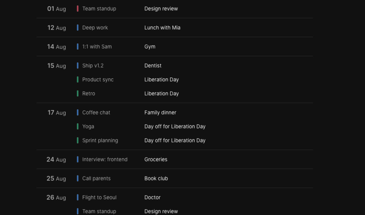 Elenna agenda view: a scrolling list of upcoming days and their events