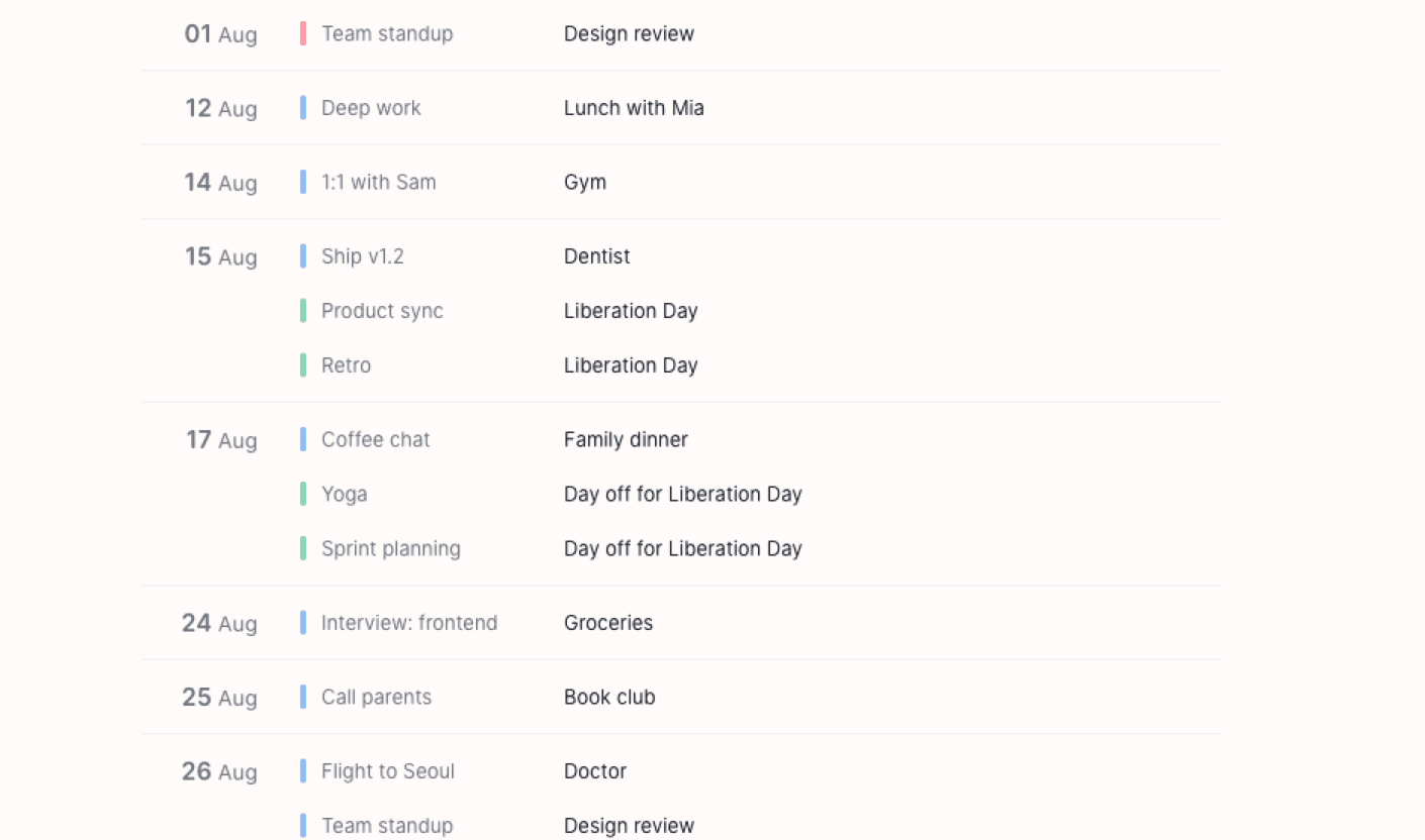 Elenna agenda view: a scrolling list of upcoming days and their events