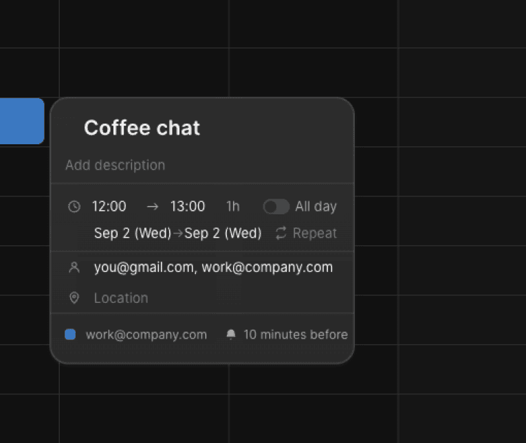 Elenna's event card showing start and end time, duration, all-day toggle, repeat, guests, location, calendar, and reminder