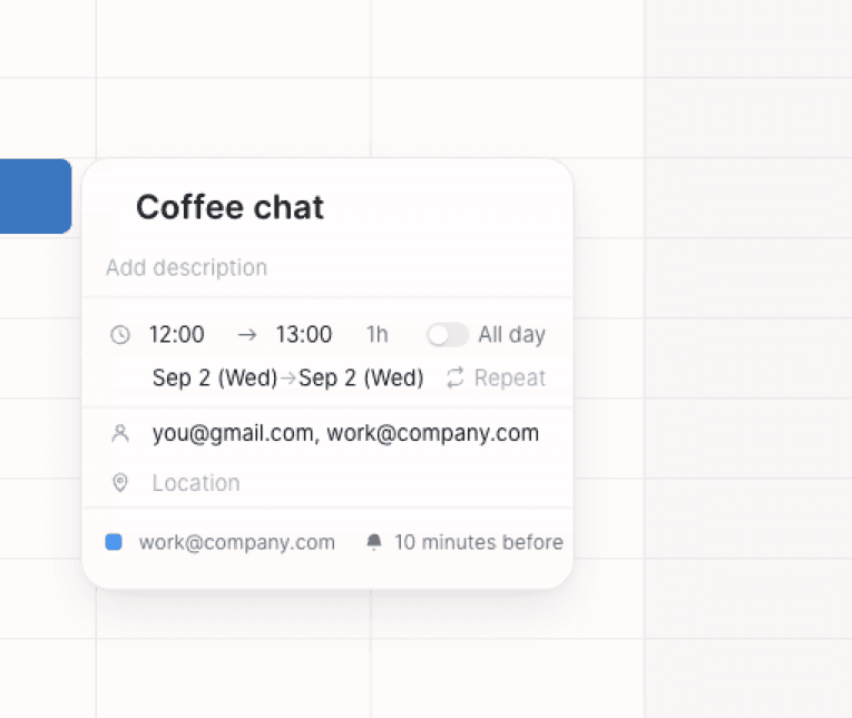 Elenna's event card showing start and end time, duration, all-day toggle, repeat, guests, location, calendar, and reminder