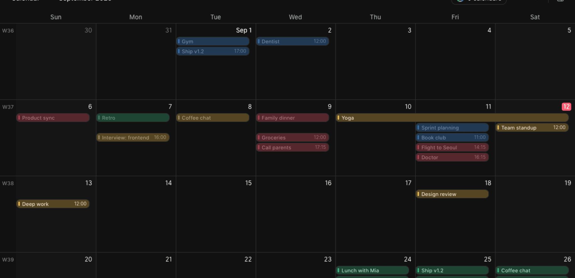 Elenna month view: a full month of events across several calendars