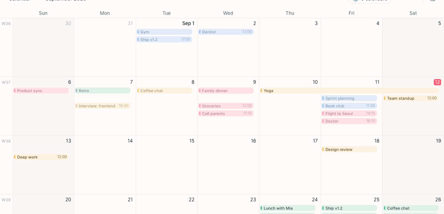 Elenna month view: a full month of events across several calendars