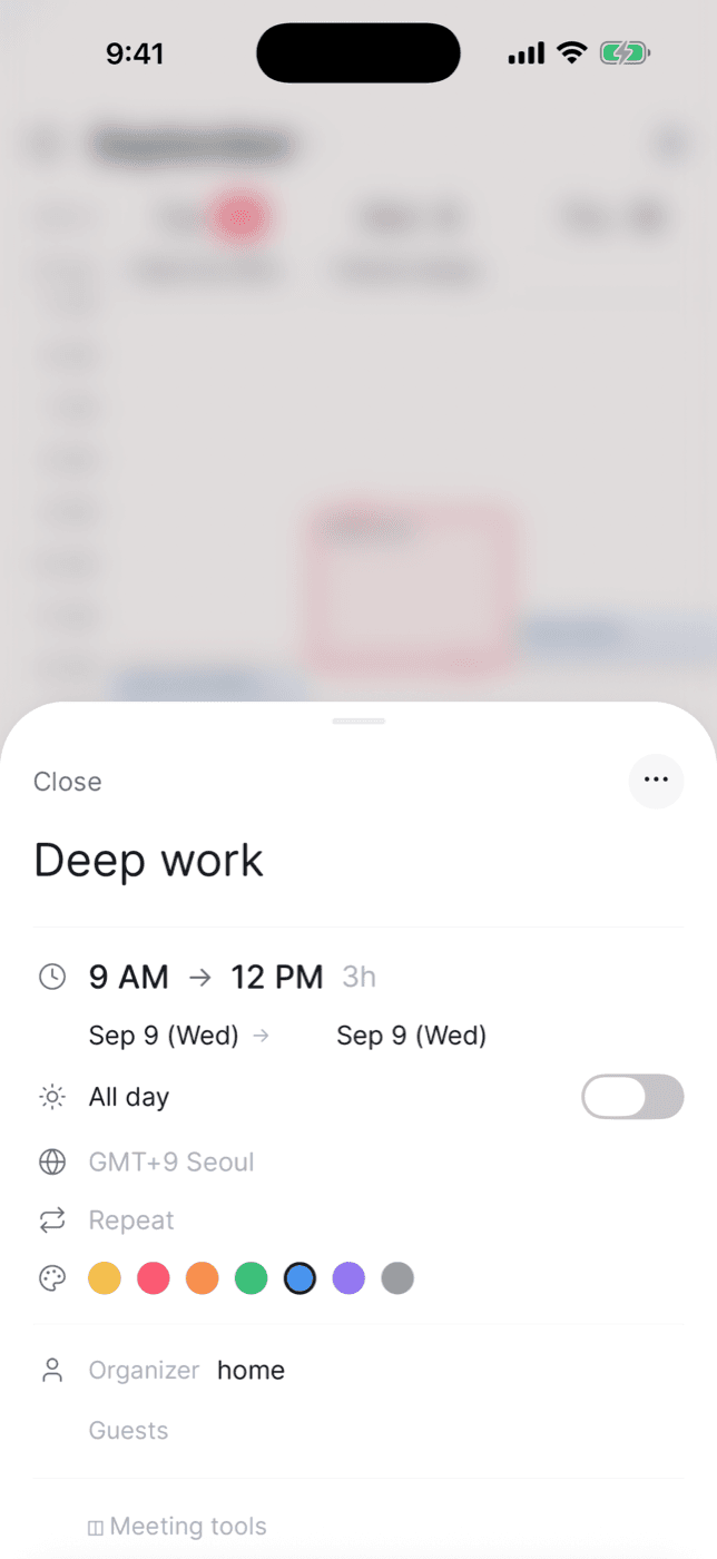 Elenna on iPhone: editing an event — time, calendar, reminder